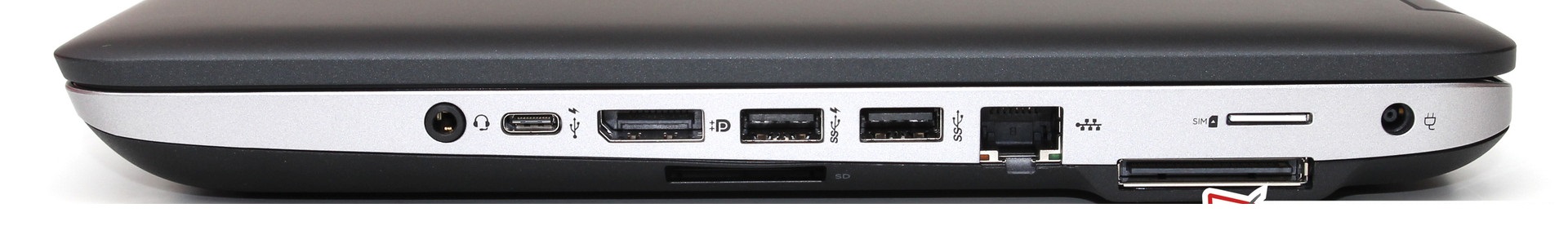 سمت راست: headset jack, USB Type-C, HDMI, 2x USB 3.0, Gbit-LAN, SIM slot, docking port, power socket